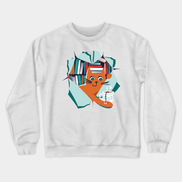 Bookish cat // orange tabby cat with tea mug teal neon red white and flesh coral books Crewneck Sweatshirt by SelmaCardoso